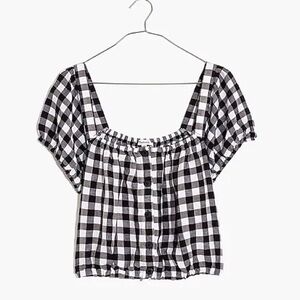 Madewell Linen-Blend Puff-Sleeve Button-Front Crop Top in Gingham Check